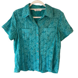 TanJay Turquoise Button-Down Embroidered Shirt Size MP Boho Office Lightweight